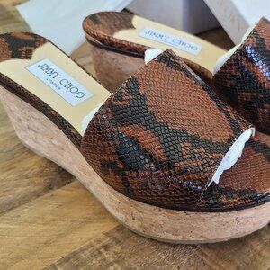 Jimmy Choo Snakeskin Cork Platform Wedge Sandals 38.5 NIB